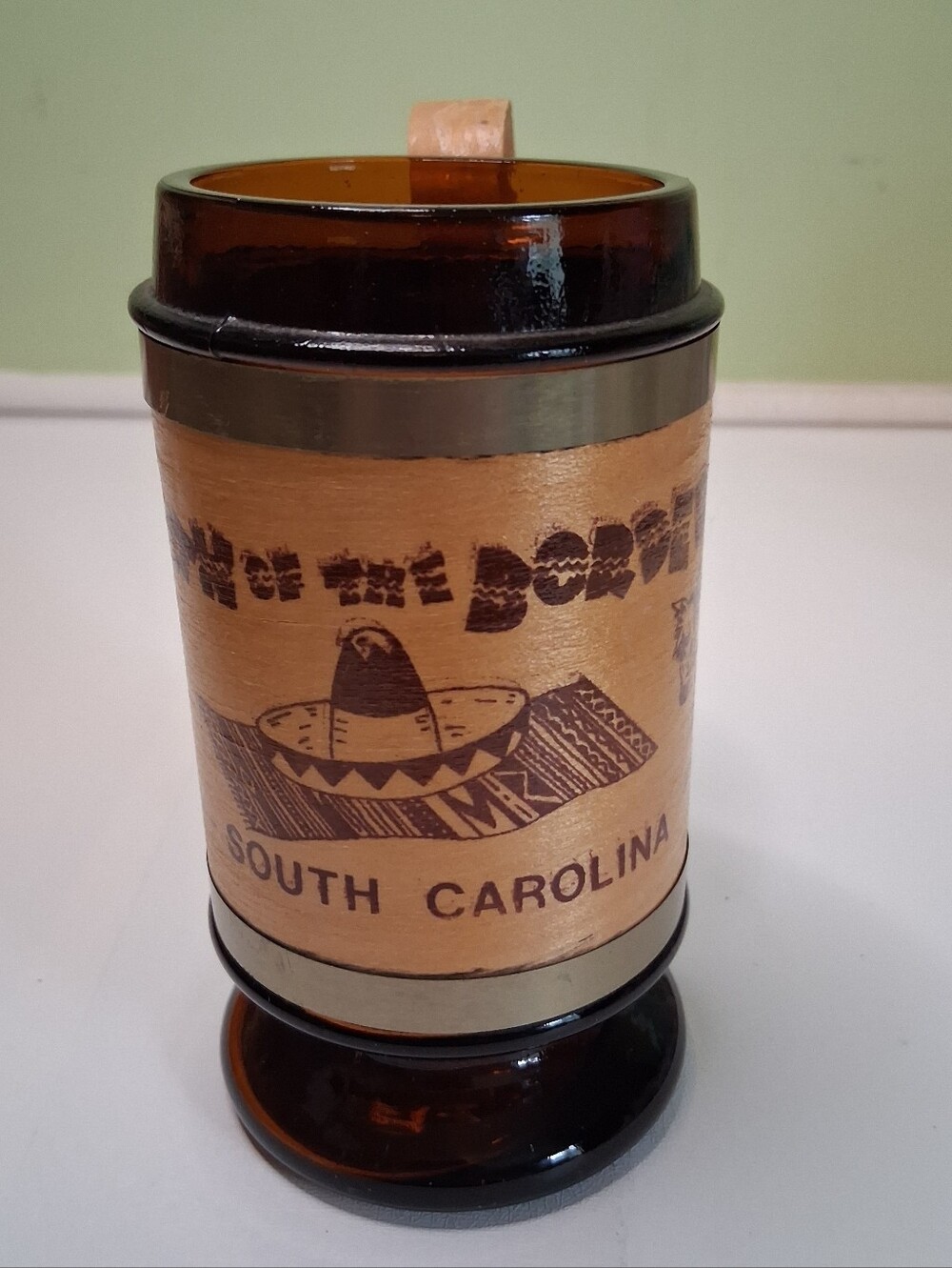 Vintage Amber Glass & Wood Souvenir Beer Stein Mug - South Carolina